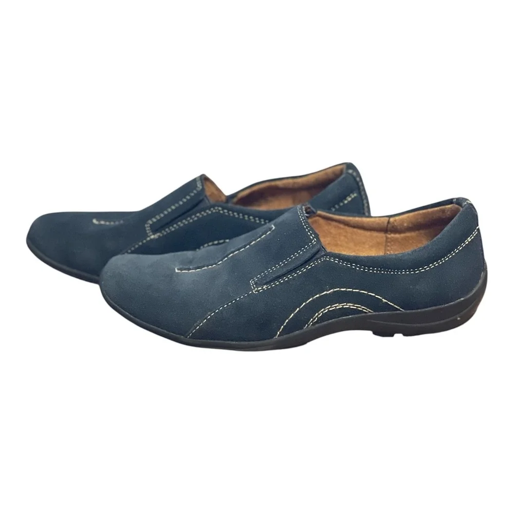 Naturalizer Womens Navy Blue Suede Slip On Loafers‎ Contrast Stitching 7.5M